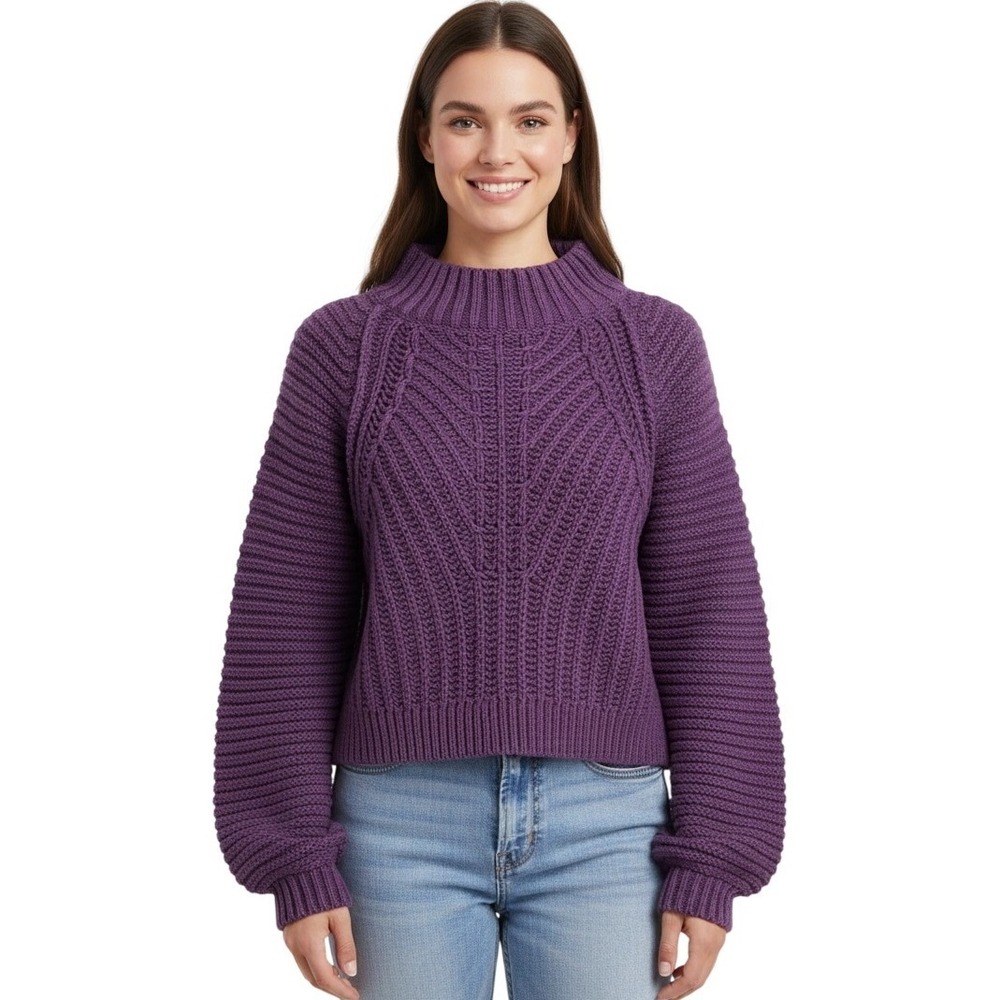 Free People Sweater Women'sā Size Medium Purple Chunky Knit Mock Neck Cozy Boho